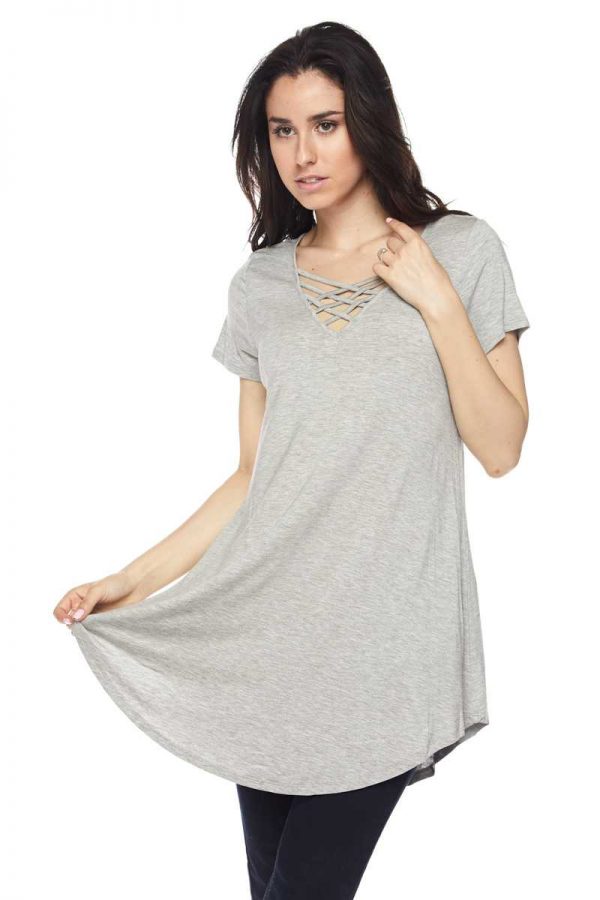 Solid Grey Modal Lattice Cut Out V-Neck Tunic Top 1