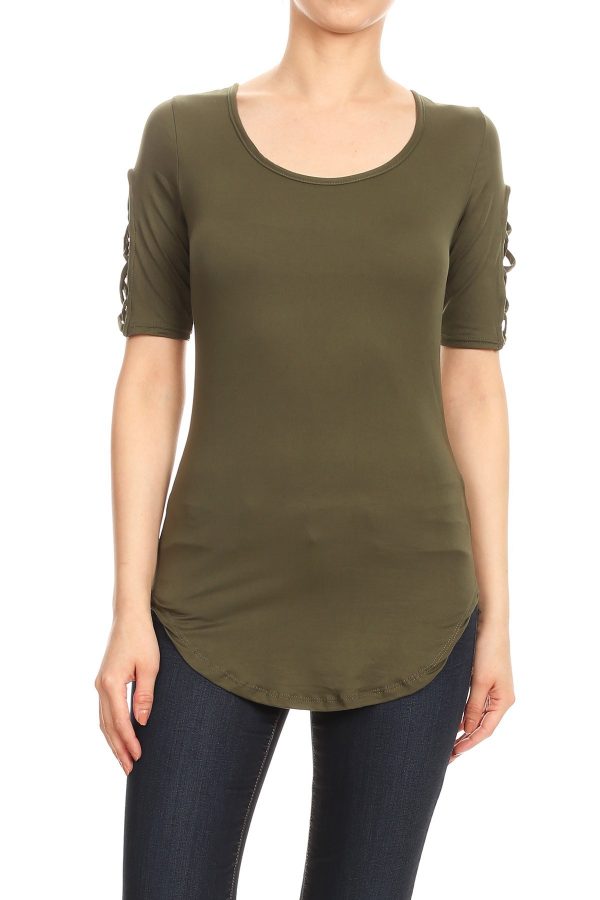 Olive Green Short Sleeve Blouse With a Scooped Hemline and Caged Crisscross 3