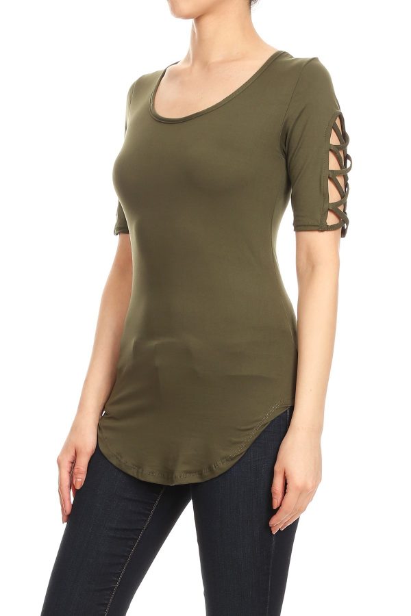 Olive Green Short Sleeve Blouse With a Scooped Hemline and Caged Crisscross 1