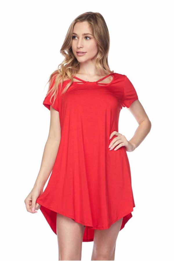Red Solid Round Hem Dress Tunic Top 1
