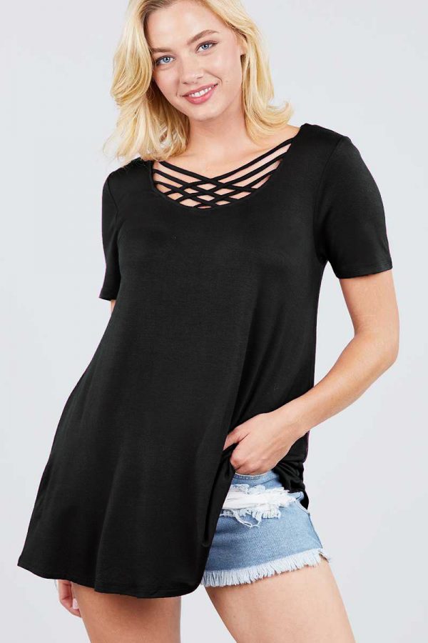 Solid Black Strappy Neck Short Sleeve Tunic Top 1