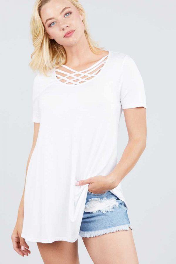 Solid Off White Strappy Neck Short Sleeve Tunic Top 1