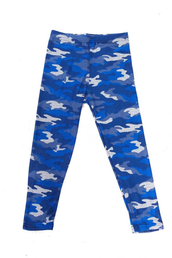 Blue Grid Camouflage Print Kids Leggings 1